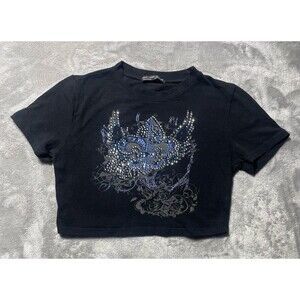 Y2K Rock & Rose Couture Graphics Crop Top Women’s Size Small Rhinestones Black